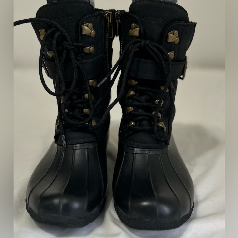 Sperry Black Duck Lace Up Side Zip Buckle Lug sole Strap Rain Snow Boots - Picture 2 of 9